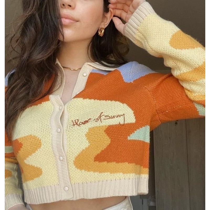 Retro sweater cardigan jacket women knit...
