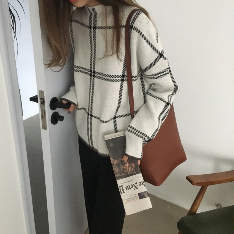 Core-spun high neck plaid sweater sweater top women Core-spun high neck plaid sweater sweater top women