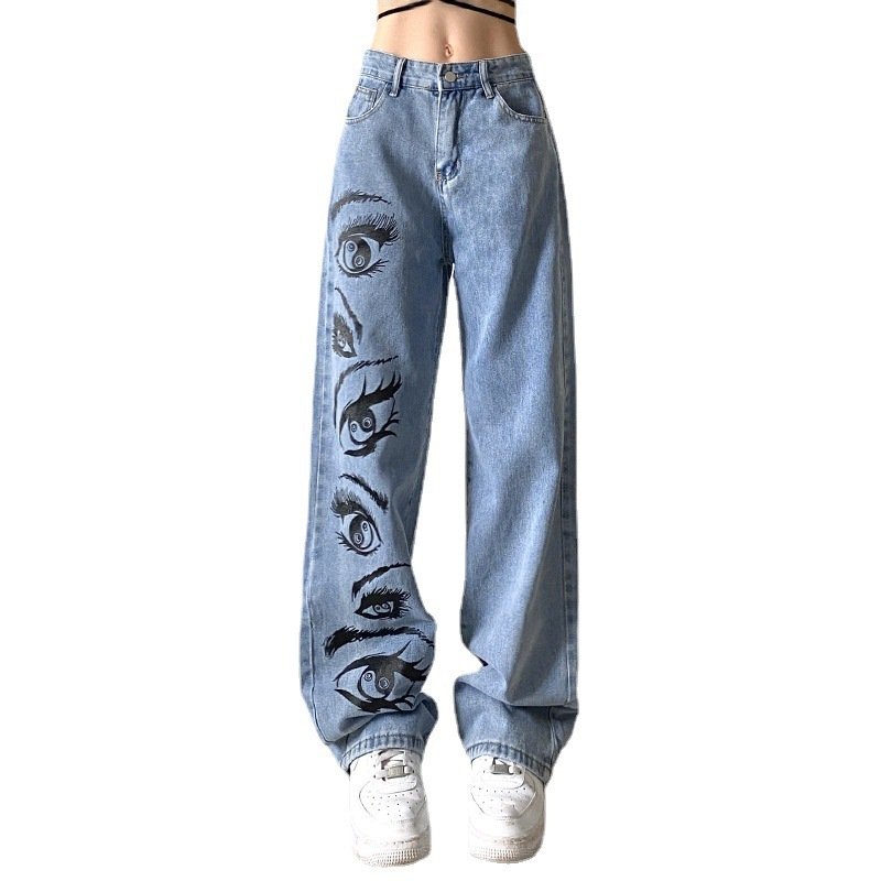 Fashion Personality Eye Print Blue Jeans Women Fashion Personality Eye Print Blue Jeans Women