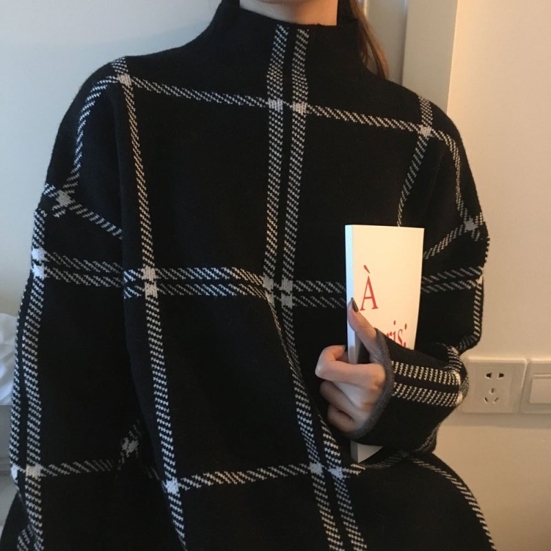 Core-spun high neck plaid sweater sweater top women Core-spun high neck plaid sweater sweater top women