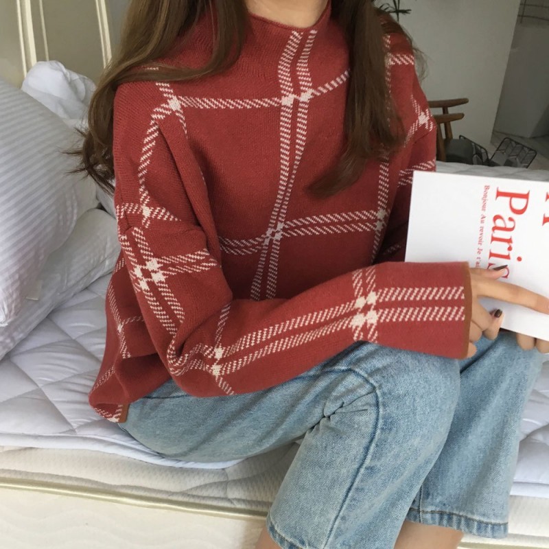 Core-spun high neck plaid sweater sweater top women Core-spun high neck plaid sweater sweater top women