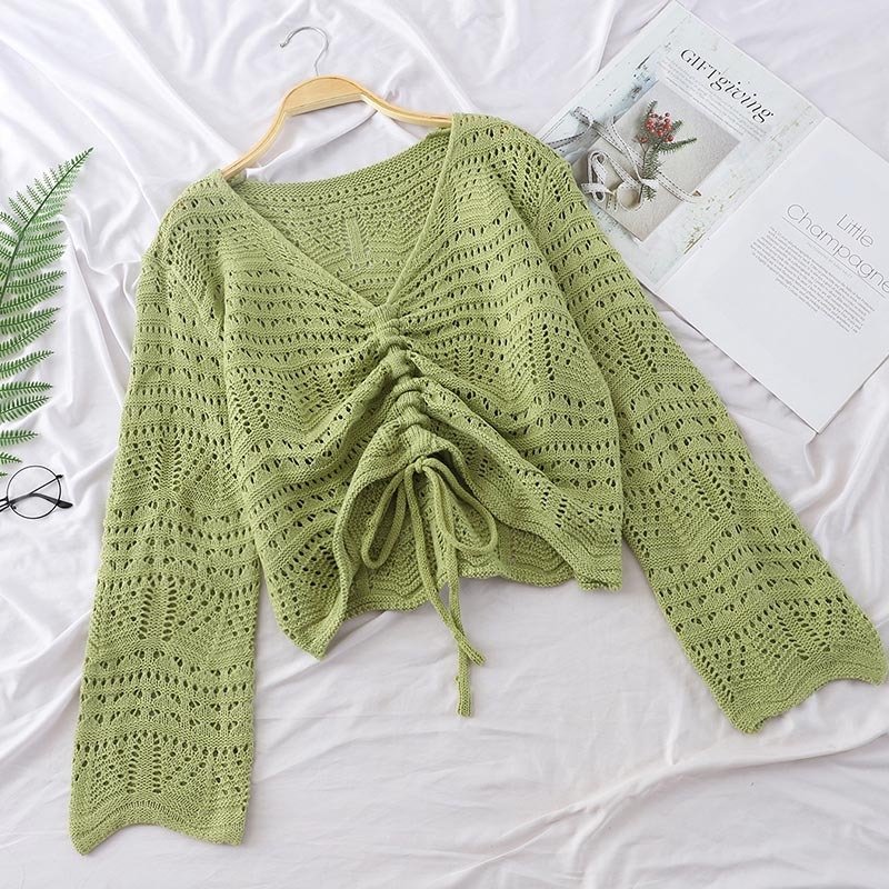 Loose Knit Sweater Short Sweater Women Long-sleeved Mesh