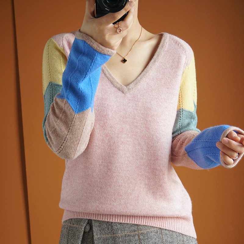 Contrast Color Woolen Sweater Women V-neck Pullover Patchwork Color Thermal Knitting Sweater Women