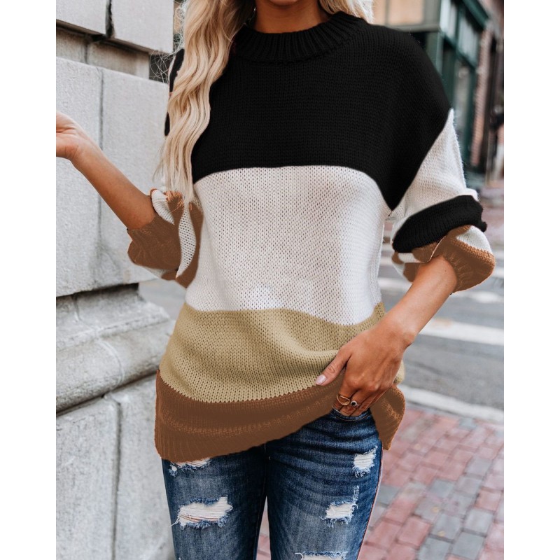 Autumn And Winter Knitted Sweater Round Neck Striped Sweater Women Autumn And Winter Knitted Sweater Round Neck Striped Sweater Women
