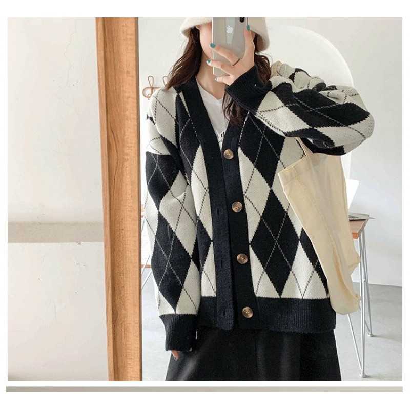 Diamond Contrast Color Cardigan Sweater Women Diamond Contrast Color Cardigan Sweater Women