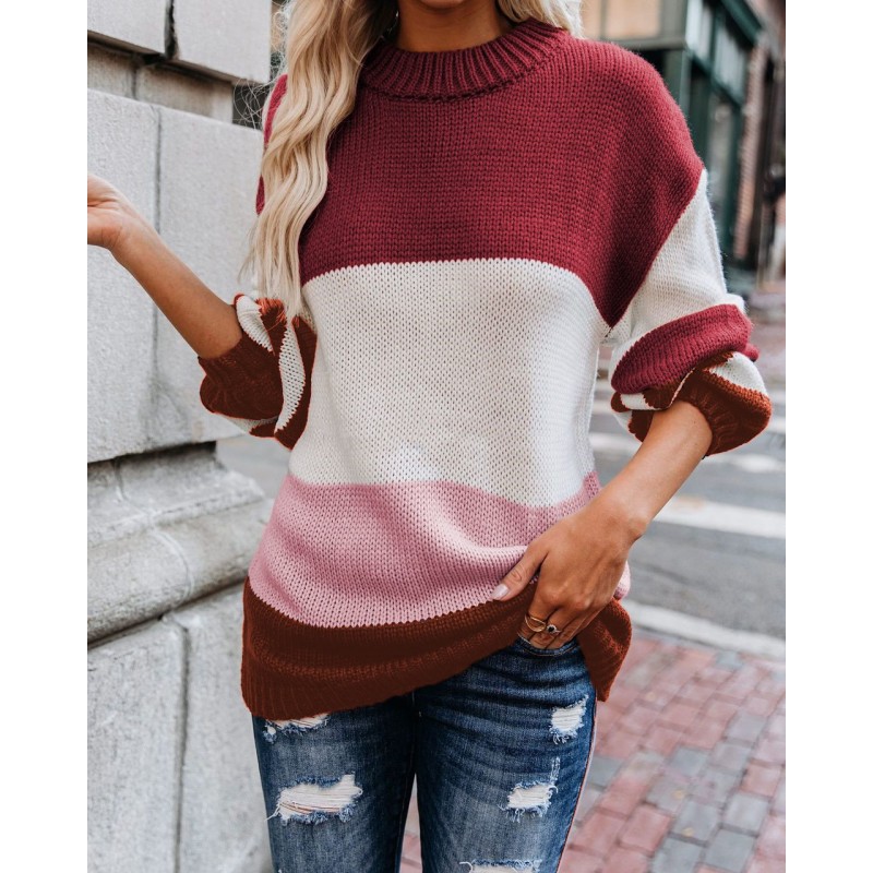 Autumn And Winter Knitted Sweater Round Neck Striped Sweater Women Autumn And Winter Knitted Sweater Round Neck Striped Sweater Women