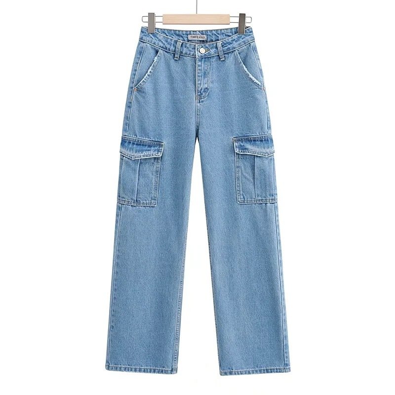 Washed Blue Pocket Decorated High Waist ...