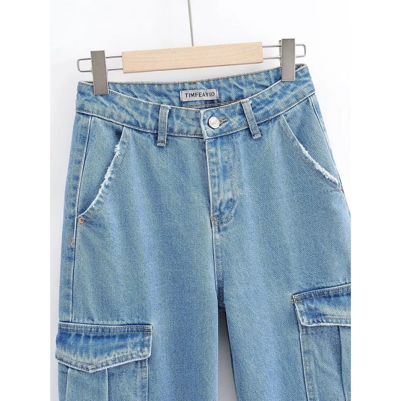 Washed Blue Pocket Decorated High Waist Wide-leg Jeans Women Casual Jeans Washed Blue Pocket Decorated High Waist Wide-leg Jeans Women Casual Jeans
