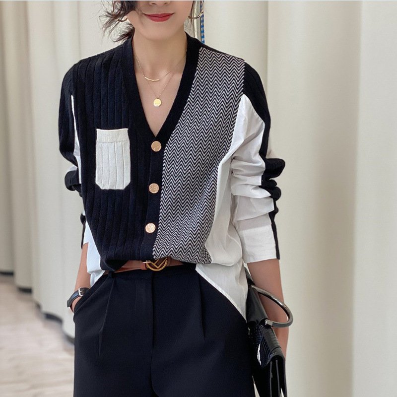 Irregular Shirt Stitching Knitted Cardig...