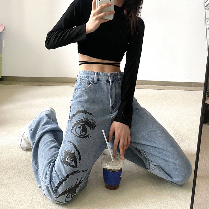 Fashion Personality Eye Print Blue Jeans Women Fashion Personality Eye Print Blue Jeans Women