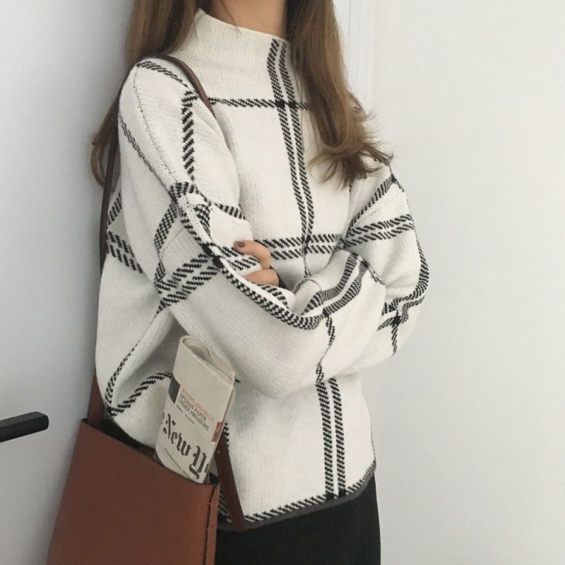 Core-spun high neck plaid sweater sweate...