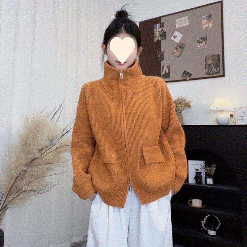 Double Zipper Knitted Cardigan Women Coat