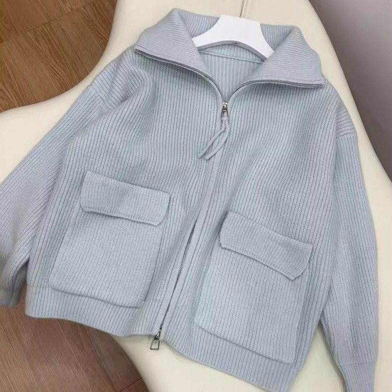 Double Zipper Knitted Cardigan Women Coat