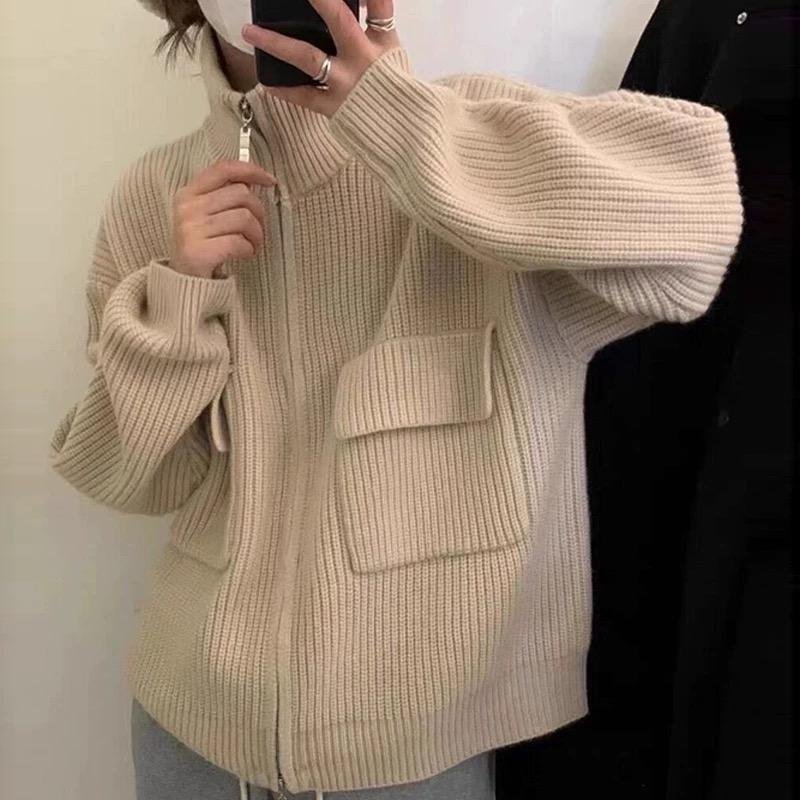 Double Zipper Knitted Cardigan Women Coa...