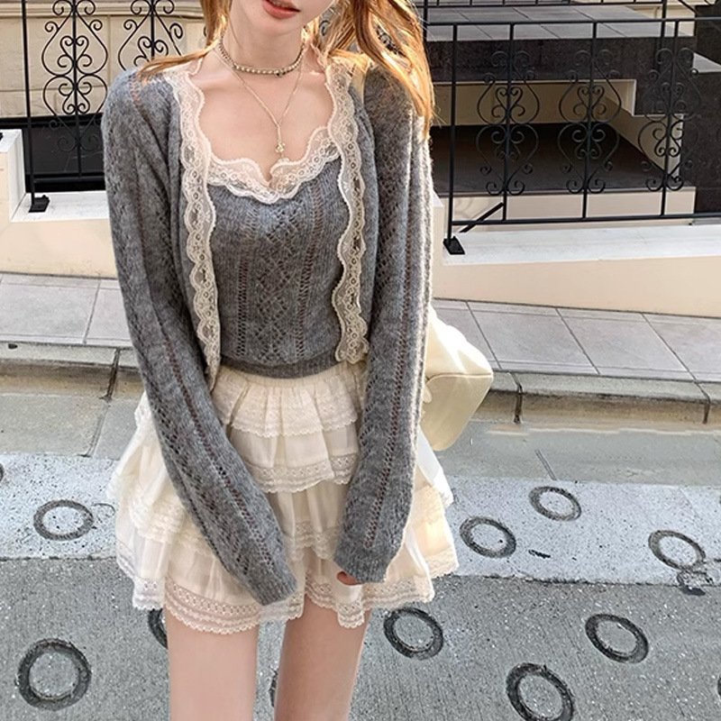 Fashion Rhombus Strappy Cardigan Suit Wo...