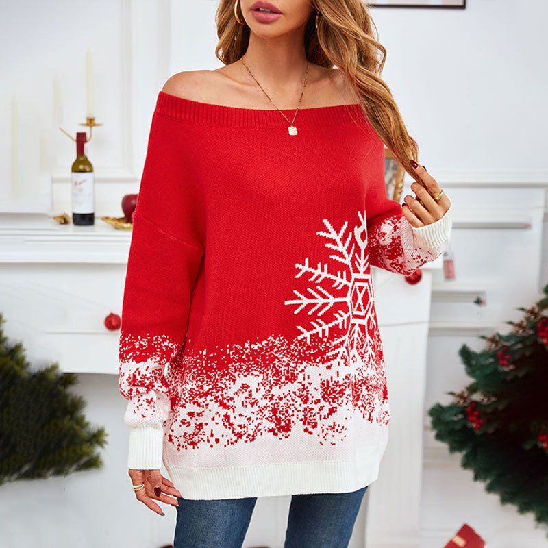 Little Snowflake Christmas Sweater Casual Off-the-shoulder Sweater Women Little Snowflake Christmas Sweater Casual Off-the-shoulder Sweater Women