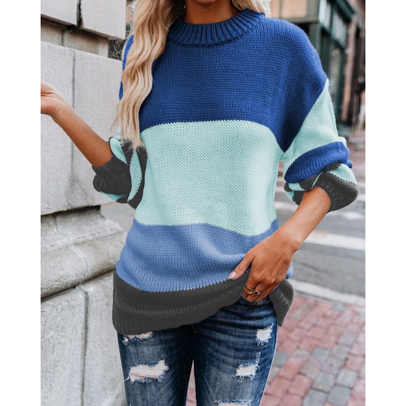 Autumn And Winter Knitted Sweater Round Neck Striped Sweater Women Autumn And Winter Knitted Sweater Round Neck Striped Sweater Women