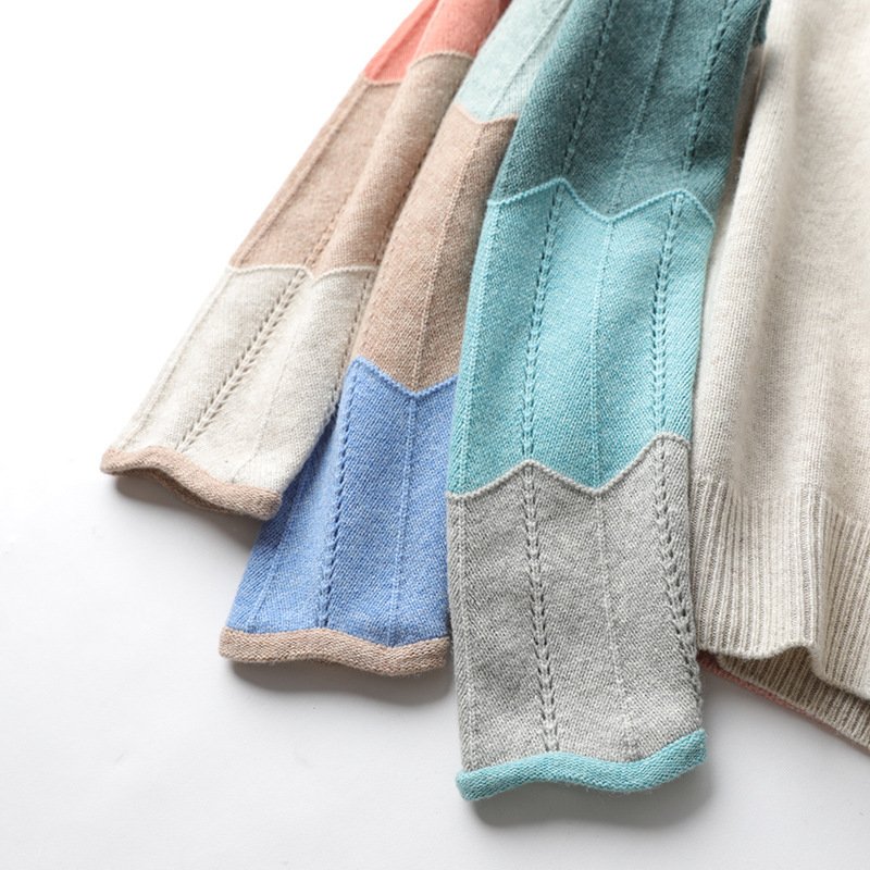 Contrast Color Woolen Sweater Women V-neck Pullover Patchwork Color Thermal Knitting Sweater Women