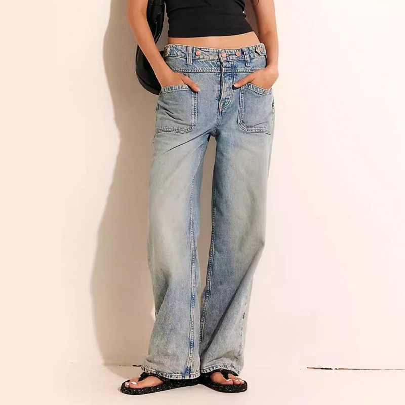 Retro Washed Straight Jeans For Women
