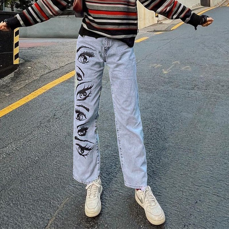 Fashion Personality Eye Print Blue Jeans...