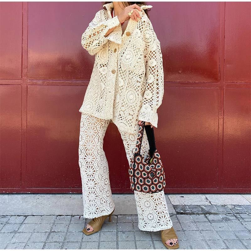 Lapel Loose Hollow Tup Cardigan Women Lapel Loose Hollow Tup Cardigan Women