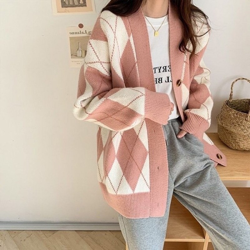 Diamond Contrast Color Cardigan Sweater Women Diamond Contrast Color Cardigan Sweater Women