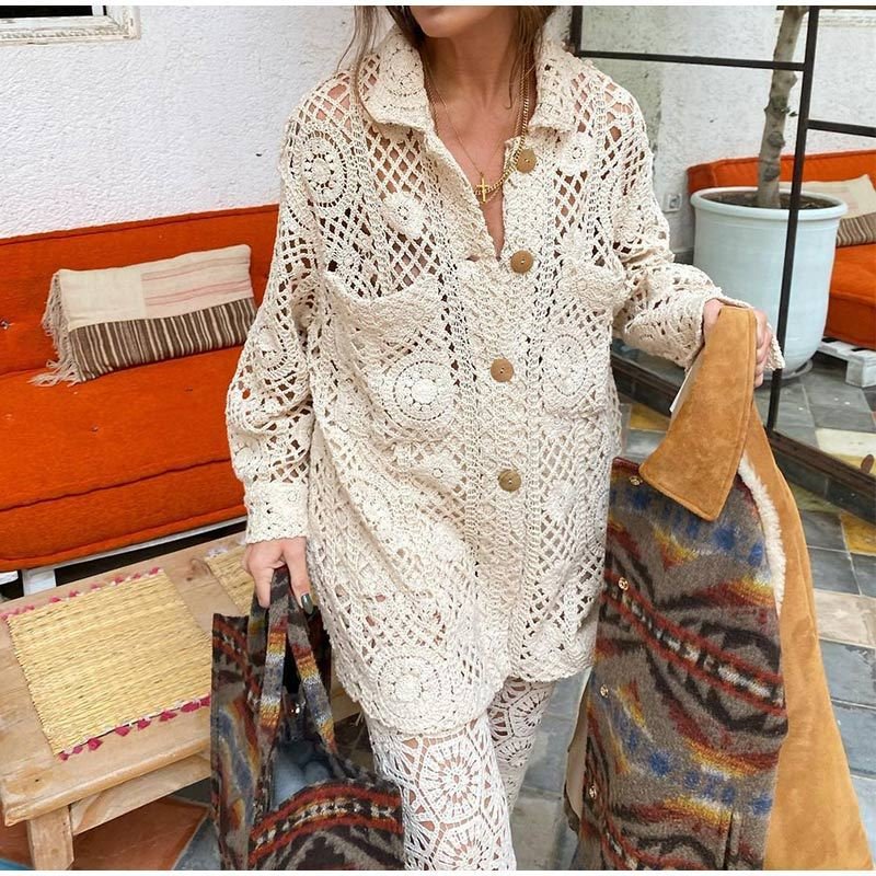 Lapel Loose Hollow Tup Cardigan Women Lapel Loose Hollow Tup Cardigan Women