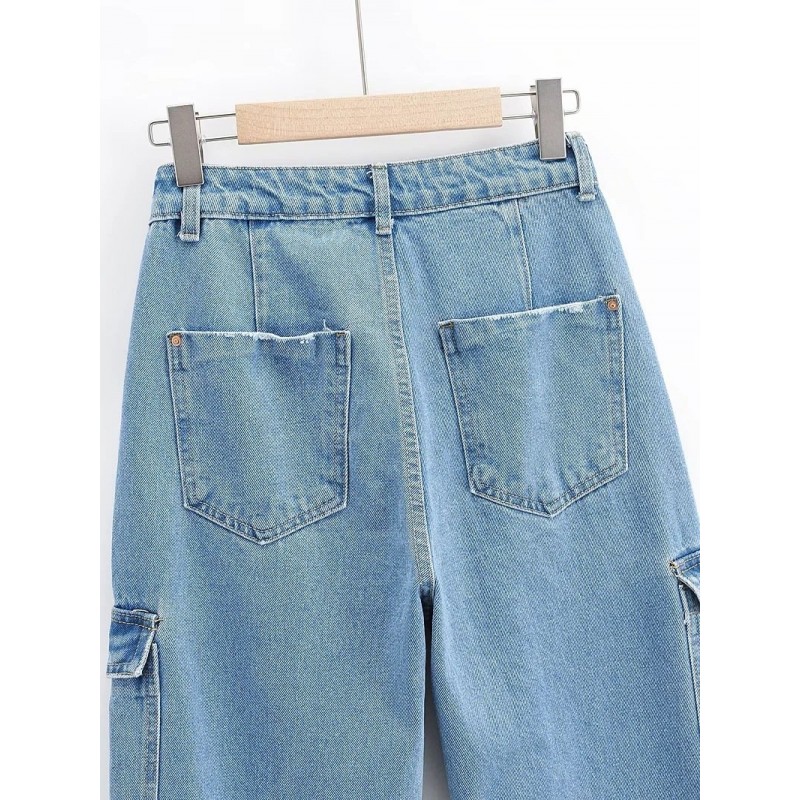 Washed Blue Pocket Decorated High Waist Wide-leg Jeans Women Casual Jeans Washed Blue Pocket Decorated High Waist Wide-leg Jeans Women Casual Jeans