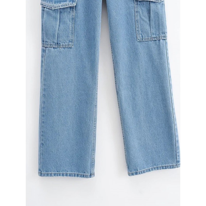 Washed Blue Pocket Decorated High Waist Wide-leg Jeans Women Casual Jeans Washed Blue Pocket Decorated High Waist Wide-leg Jeans Women Casual Jeans
