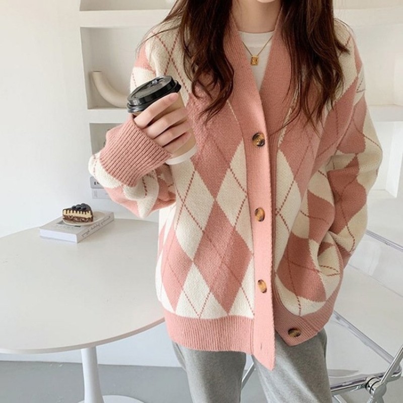 Diamond Contrast Color Cardigan Sweater ...