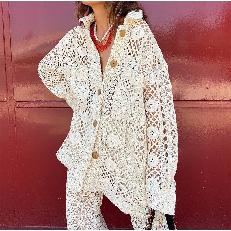 Lapel Loose Hollow Tup Cardigan Women Lapel Loose Hollow Tup Cardigan Women
