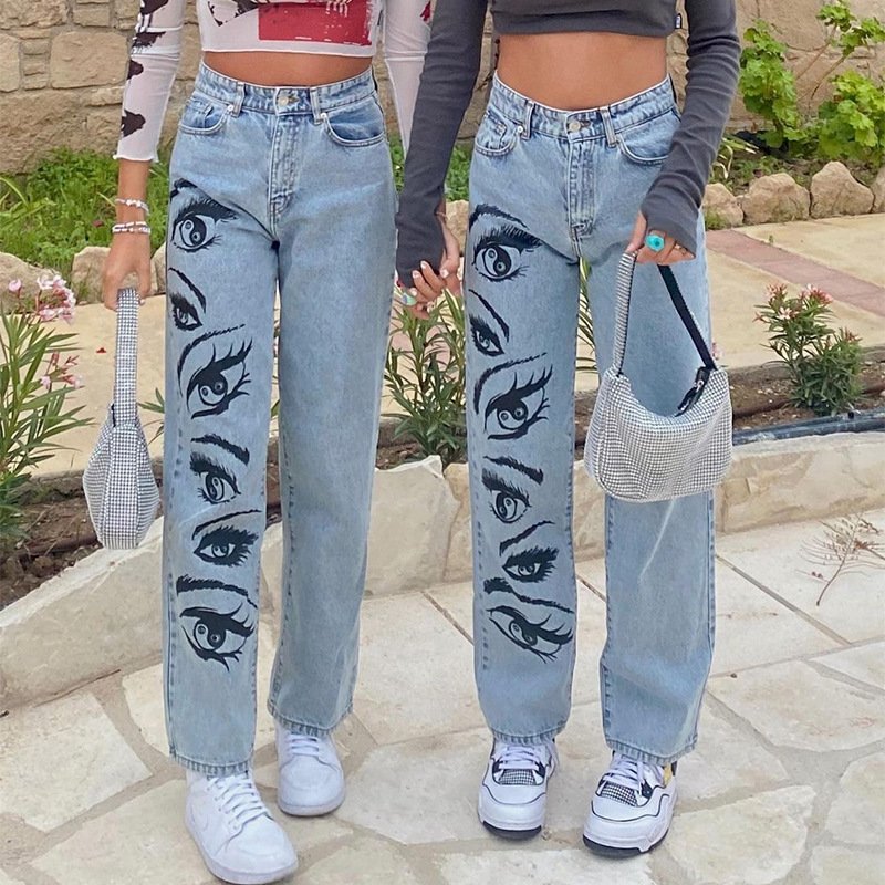 Fashion Personality Eye Print Blue Jeans Women Fashion Personality Eye Print Blue Jeans Women