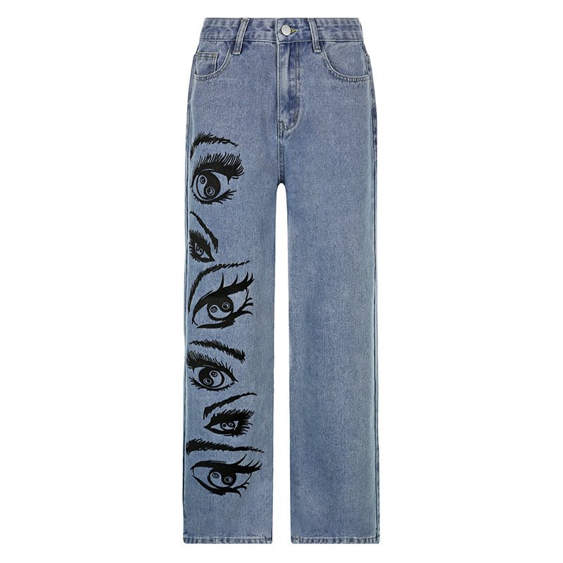 Fashion Personality Eye Print Blue Jeans Women Fashion Personality Eye Print Blue Jeans Women