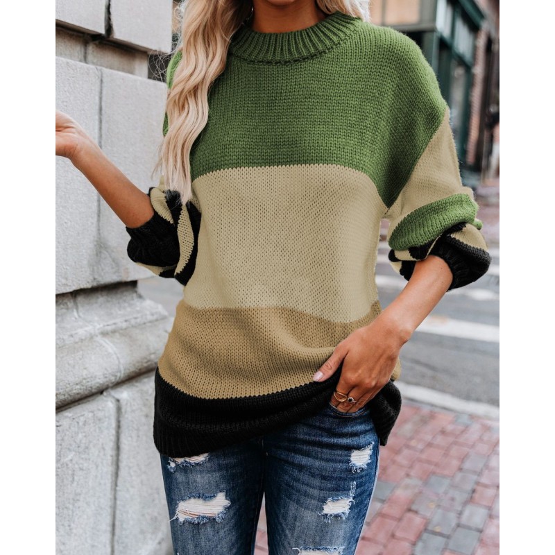 Autumn And Winter Knitted Sweater Round Neck Striped Sweater Women Autumn And Winter Knitted Sweater Round Neck Striped Sweater Women