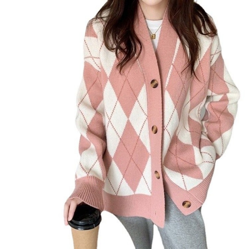 Diamond Contrast Color Cardigan Sweater Women Diamond Contrast Color Cardigan Sweater Women
