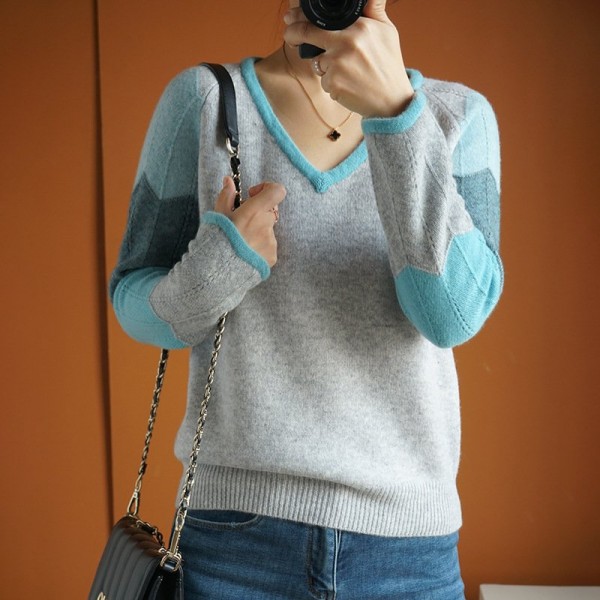 Contrast Color Woolen Sweater Women V-ne...