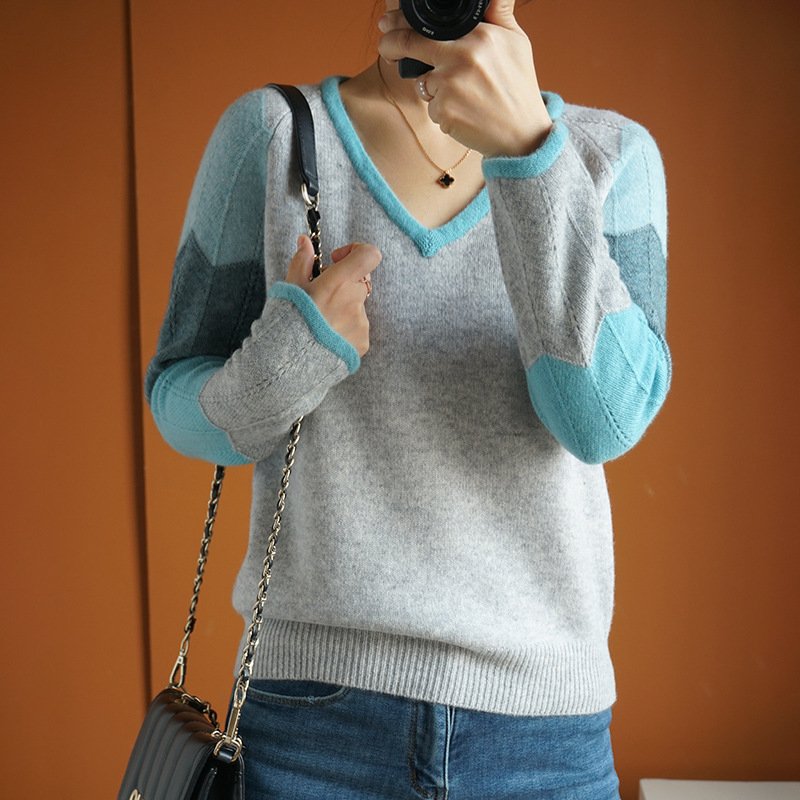 Contrast Color Woolen Sweater Women V-ne...
