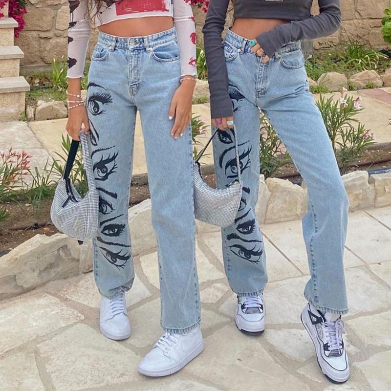 Fashion Personality Eye Print Blue Jeans Women Fashion Personality Eye Print Blue Jeans Women