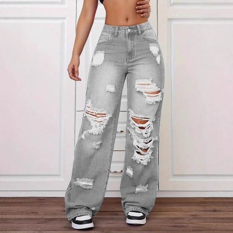 Trendy Washed Ripped Straight Jeans For Women Trendy Washed Ripped Straight Jeans For Women