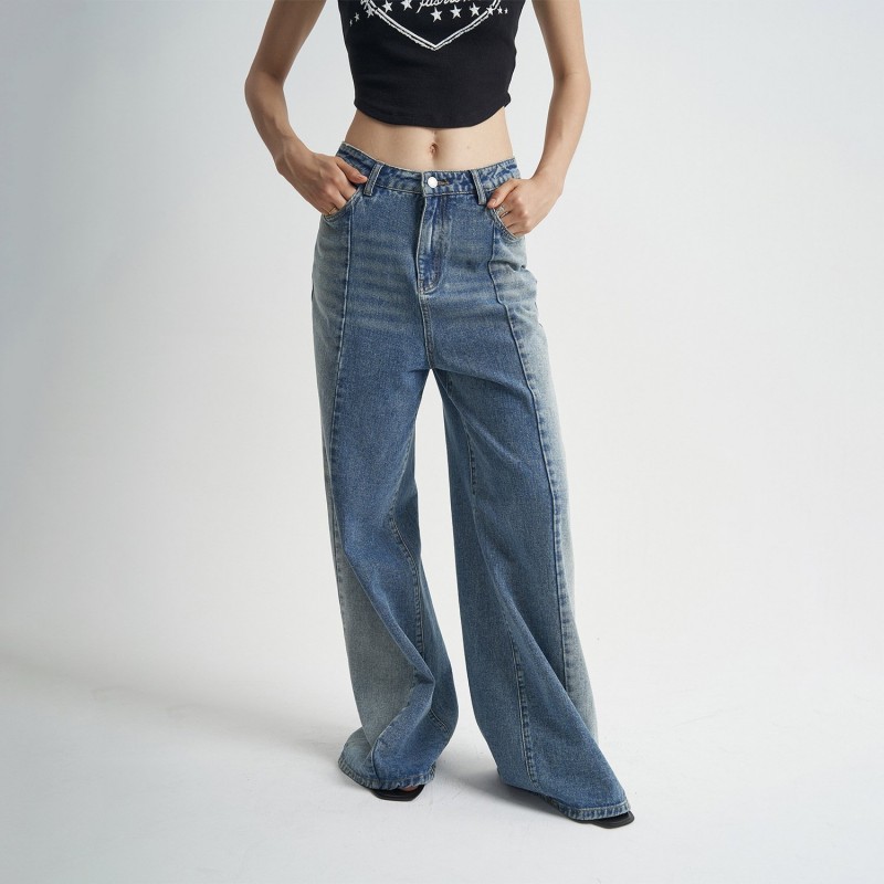 Washed Blue Jeans Loose Stitching Women