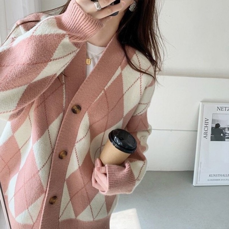 Diamond Contrast Color Cardigan Sweater Women Diamond Contrast Color Cardigan Sweater Women